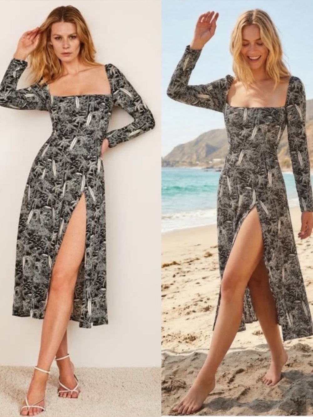Reformation Dress Sigmund Tropical Print High Slit Long Sleeve size 8